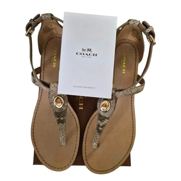 Coach Ingrid Natural Snake Print Leather Thong Sandals Ankle Strap Size 8 New - Picture 2 of 10